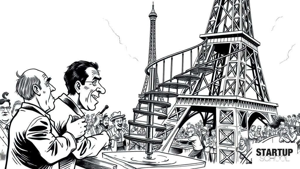 단일 난간만 설치된 혼란스러운 나선형 계단, 에펠탑 꼭대리로 이어졌었다